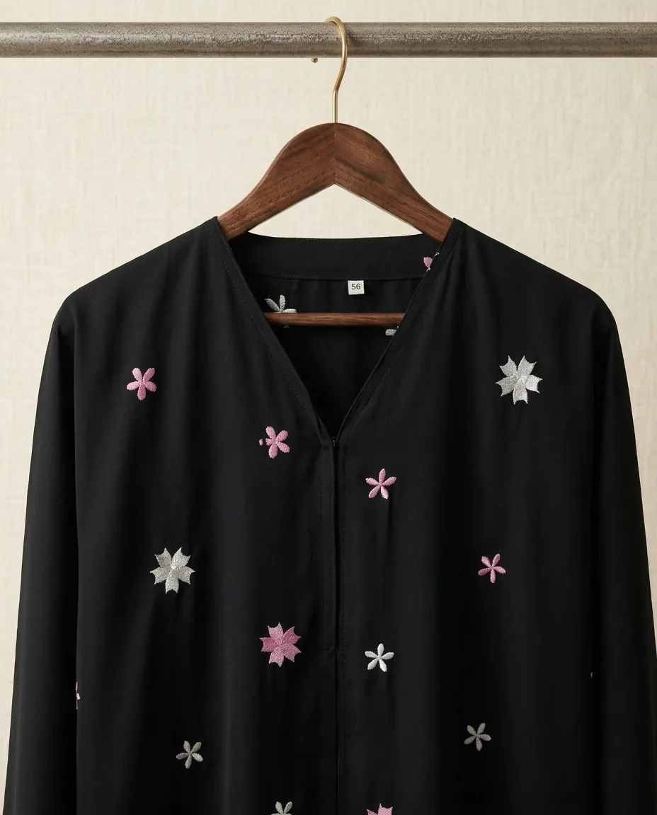 Elegant Black Floral Embroidered Nida Abaya With Hijab