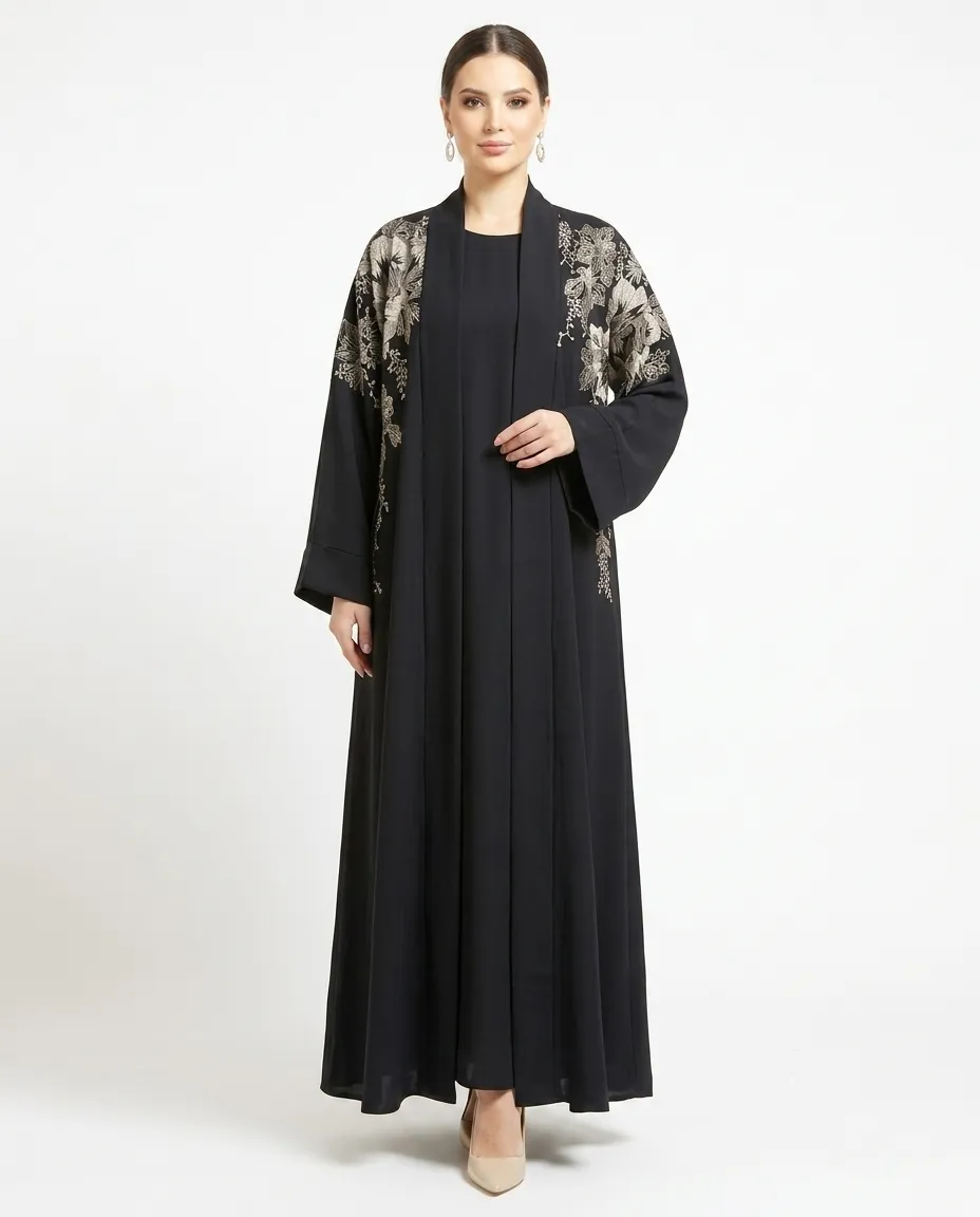 3 Pcs Premium Black Open Abaya Set With Inner And Sheila Floral Embroidery Muslim Abaya Dress