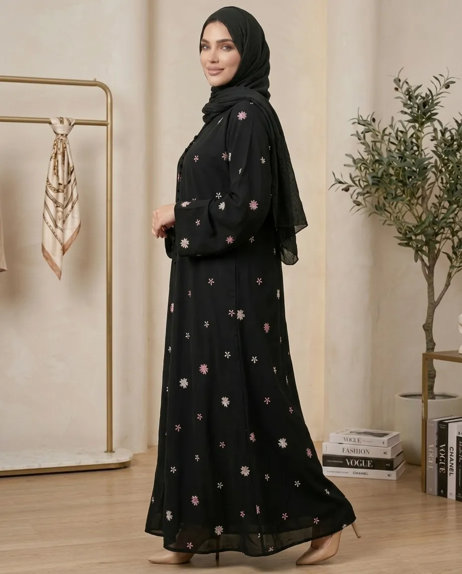 Elegant Black Floral Embroidered Nida Abaya With Hijab