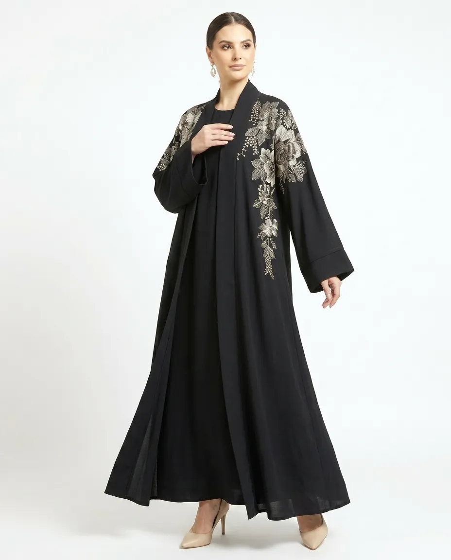3 Pcs Premium Black Open Abaya Set With Inner And Sheila Floral Embroidery Muslim Abaya Dress