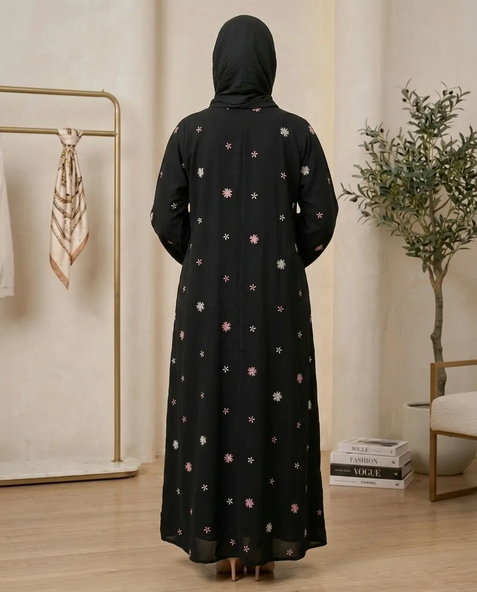 Elegant Black Floral Embroidered Nida Abaya With Hijab