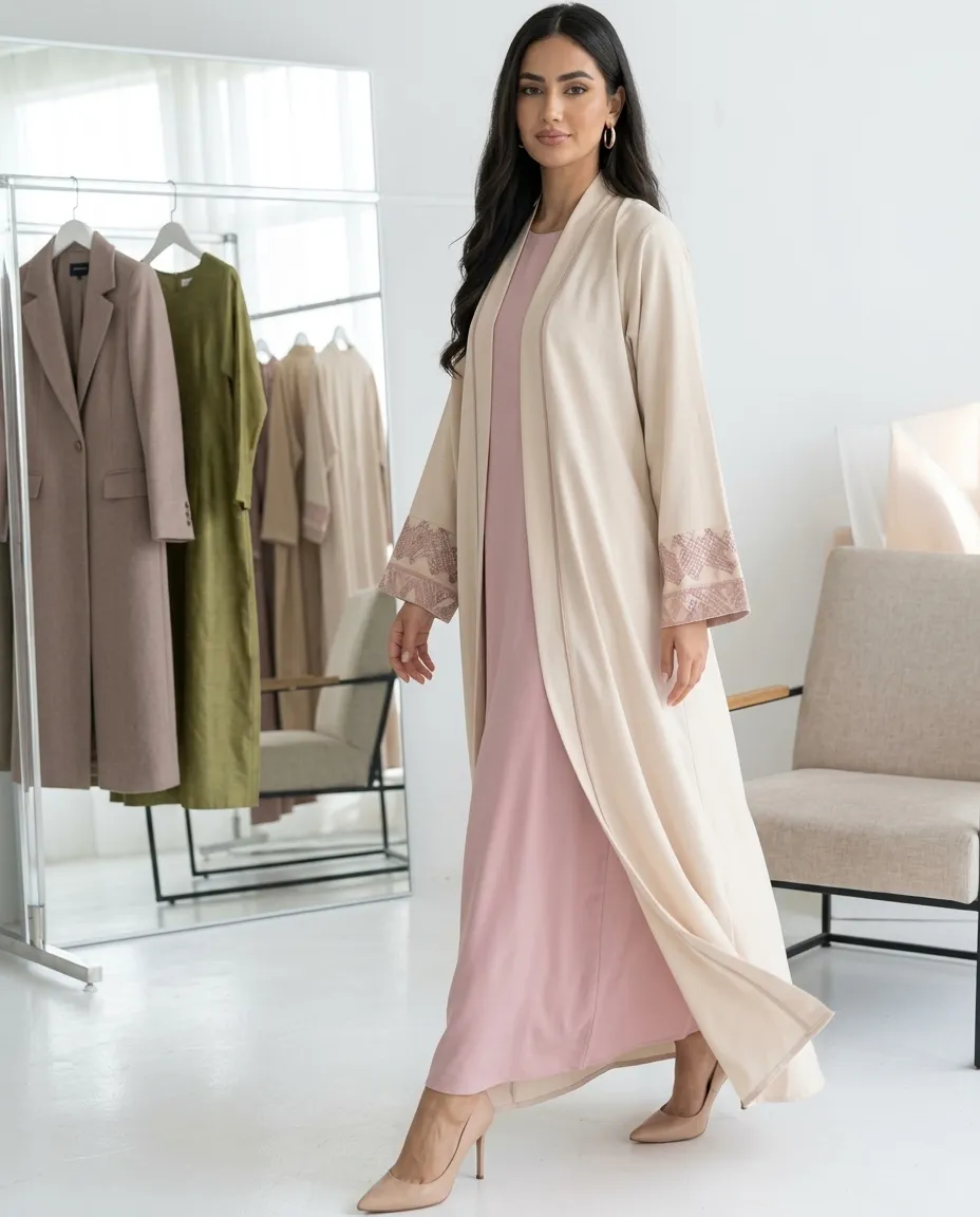 3 In 1 Women Embroidered Abaya With Inner Dress And Matching Sheila Muslim Hijab Set