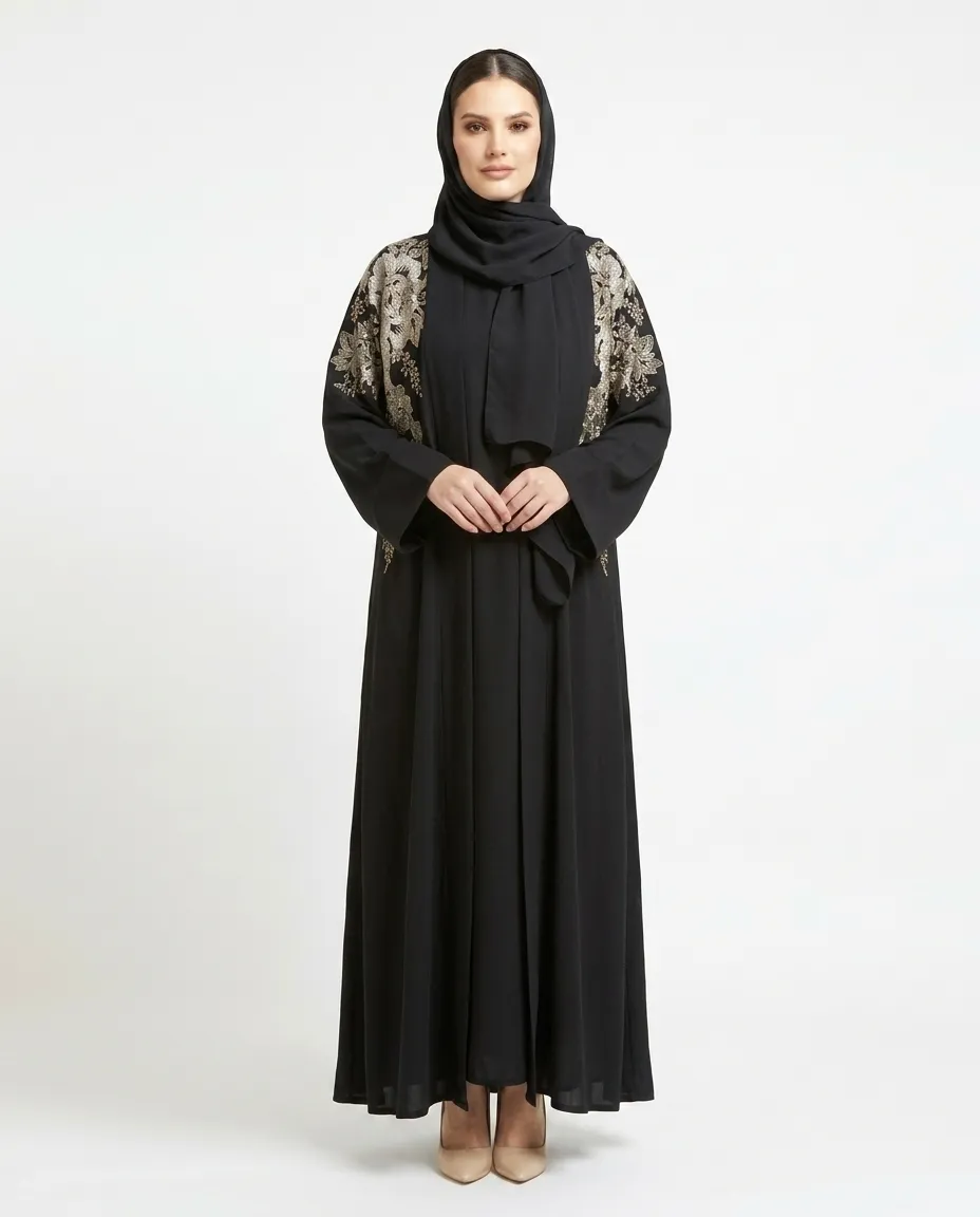 3 Pcs Premium Black Open Abaya Set With Inner And Sheila Floral Embroidery Muslim Abaya Dress