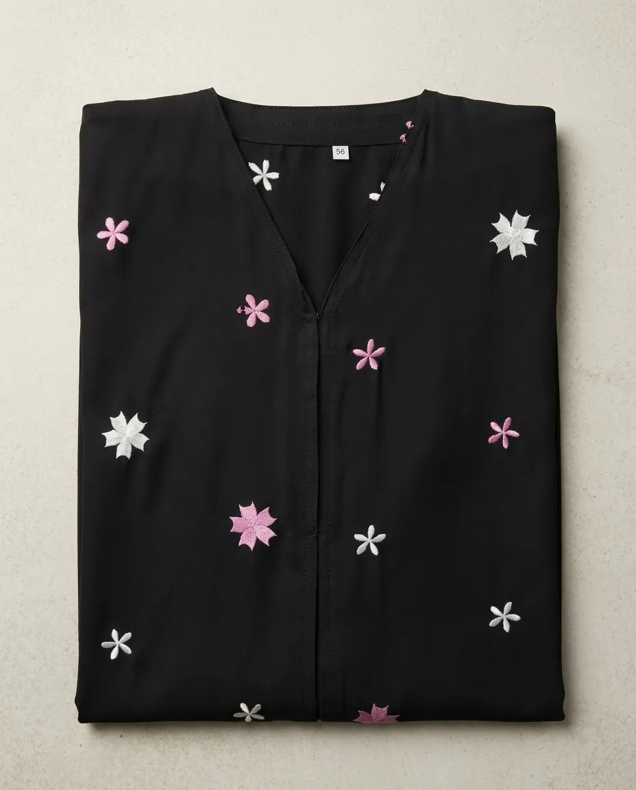 Elegant Black Floral Embroidered Nida Abaya With Hijab