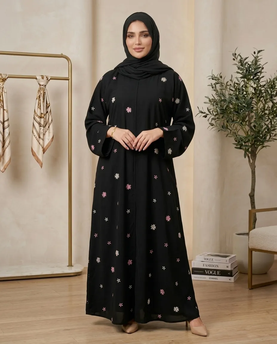 Elegant Black Floral Embroidered Nida Abaya With Hijab