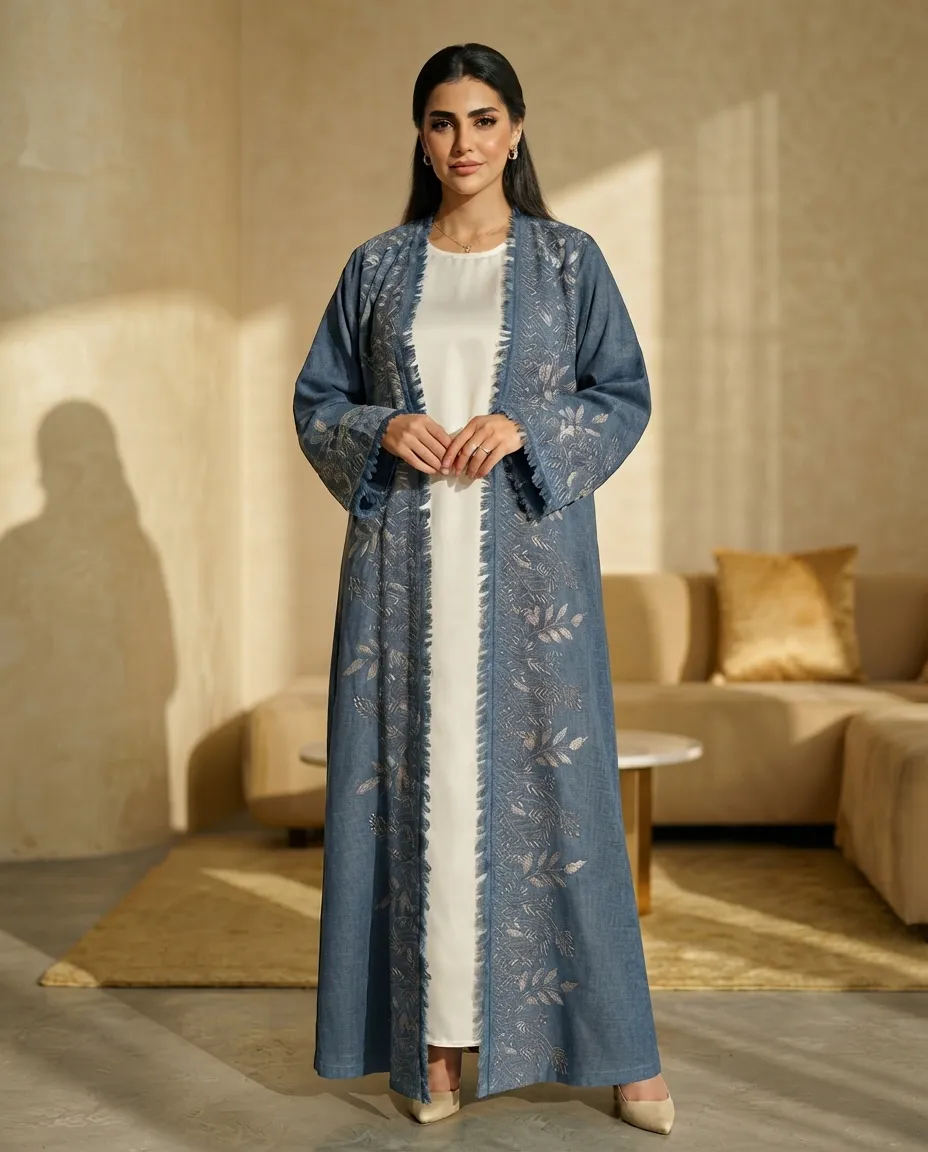 Light Blue 3-Piece Women's Embroidered Linen Abaya Set with Inner & Shawl