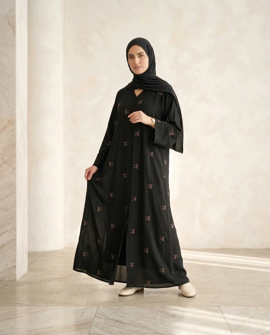 Black Embroidered Abaya For Women With Hijab Modest Maxi Dress