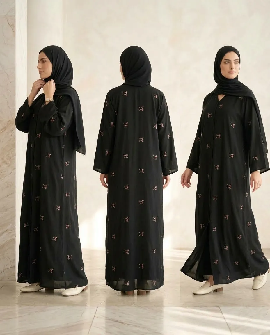 Black Embroidered Abaya For Women With Hijab Modest Maxi Dress