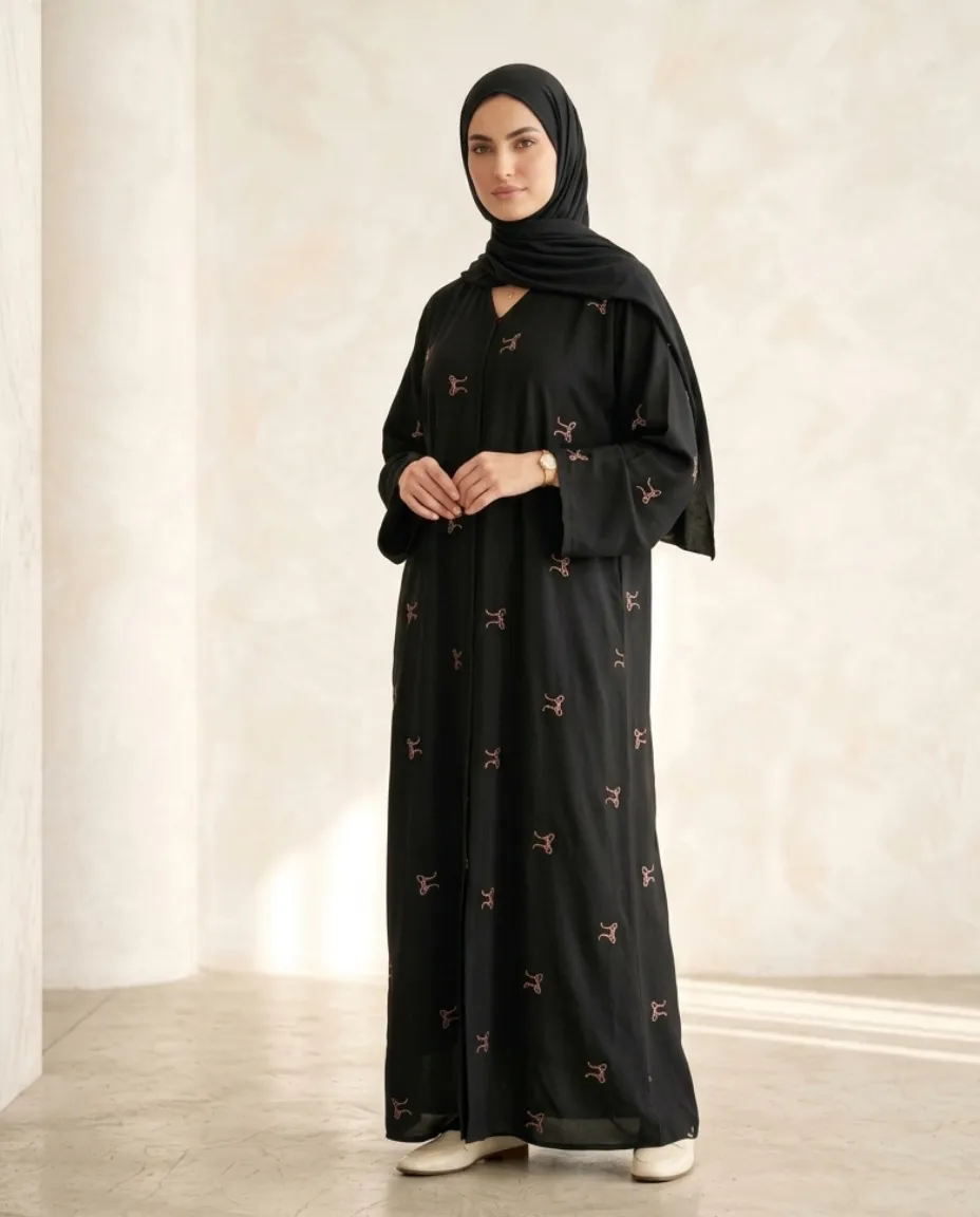 Black Embroidered Abaya For Women With Hijab Modest Maxi Dress