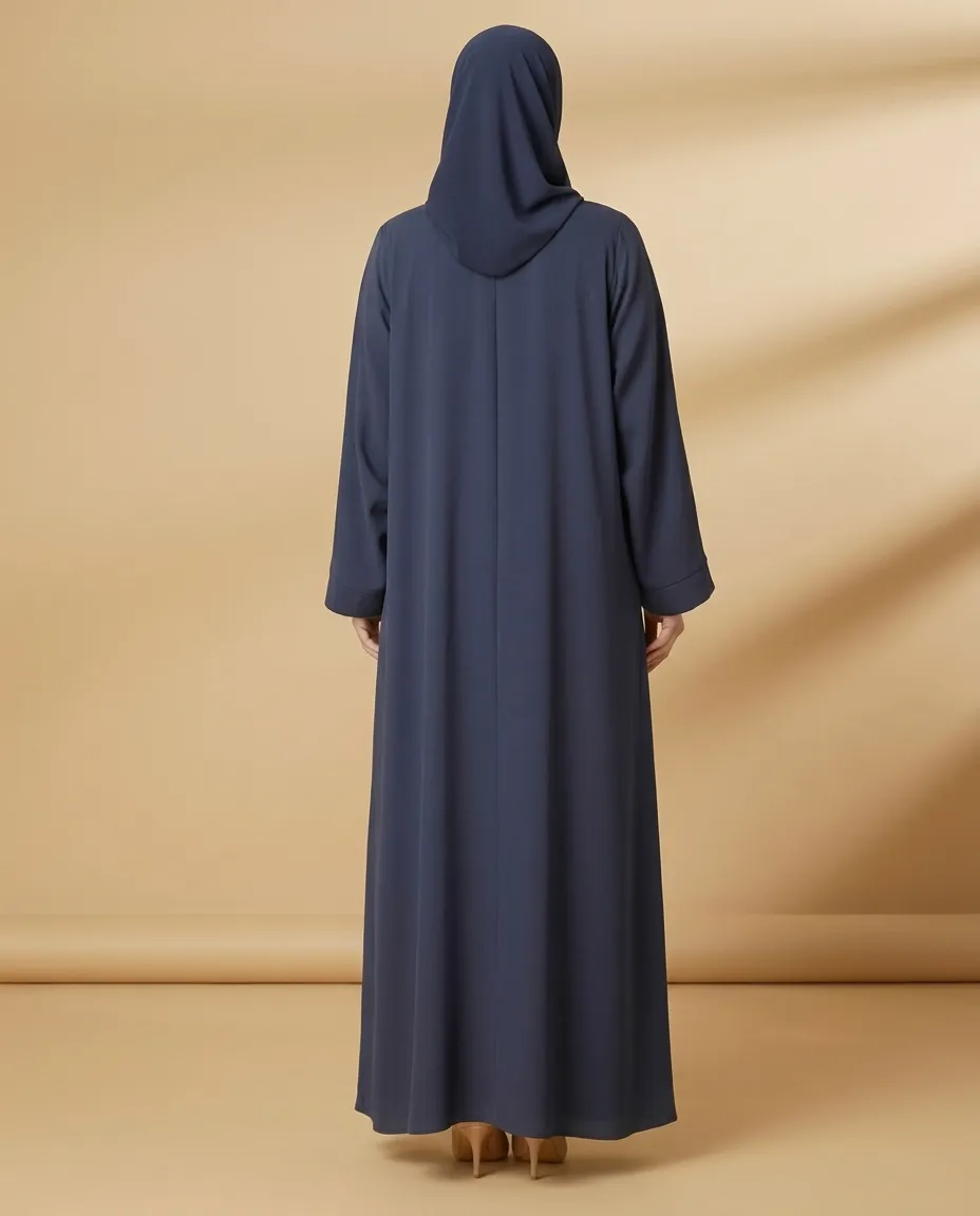 Navy Blue 3 Pieces Open Abaya with Inner & Sheila Gold Leaf Embroidery