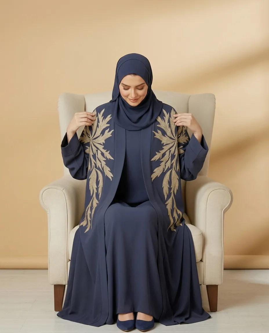 Navy Blue 3 Pieces Open Abaya with Inner & Sheila Gold Leaf Embroidery