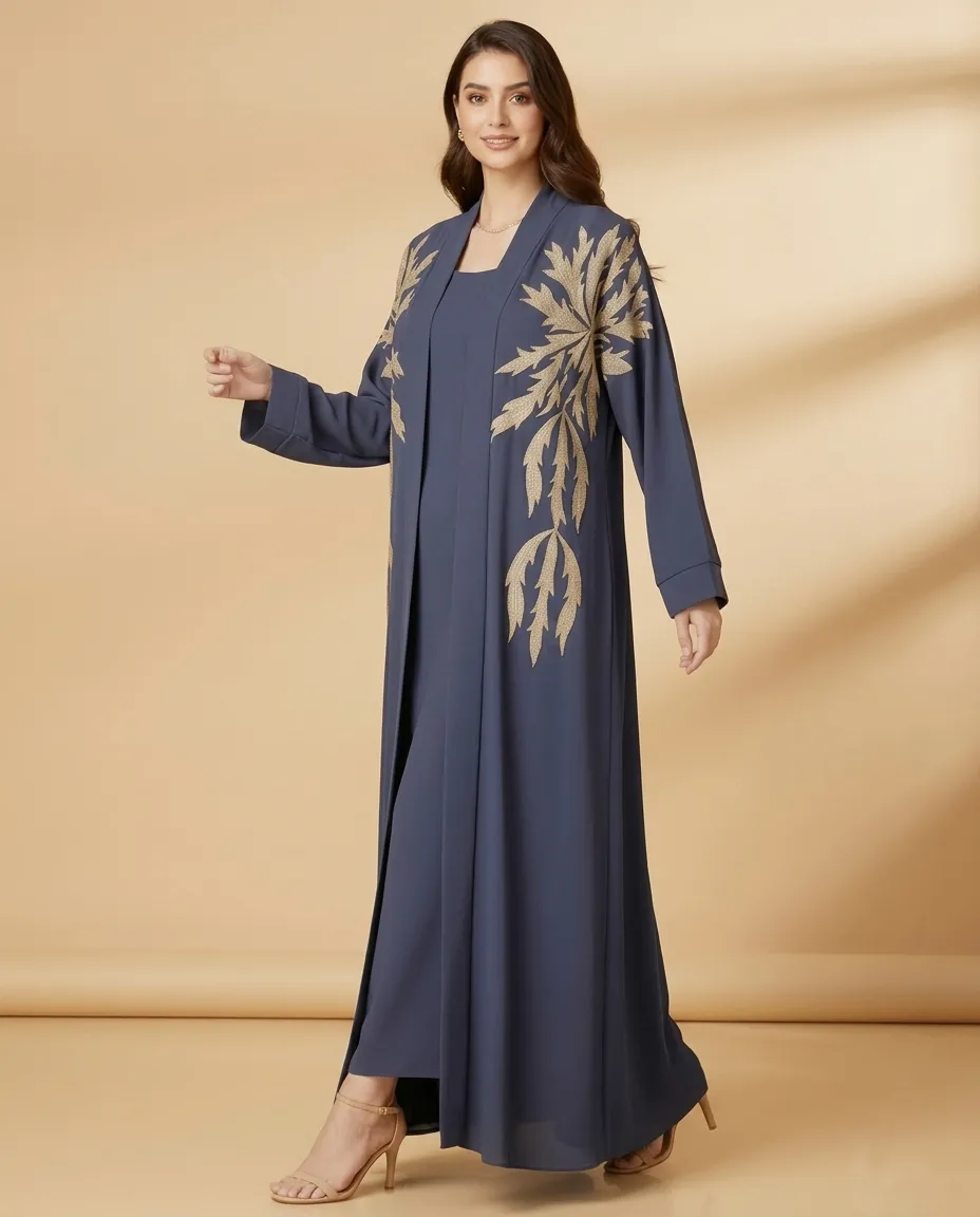 Navy Blue 3 Pieces Open Abaya with Inner & Sheila Gold Leaf Embroidery