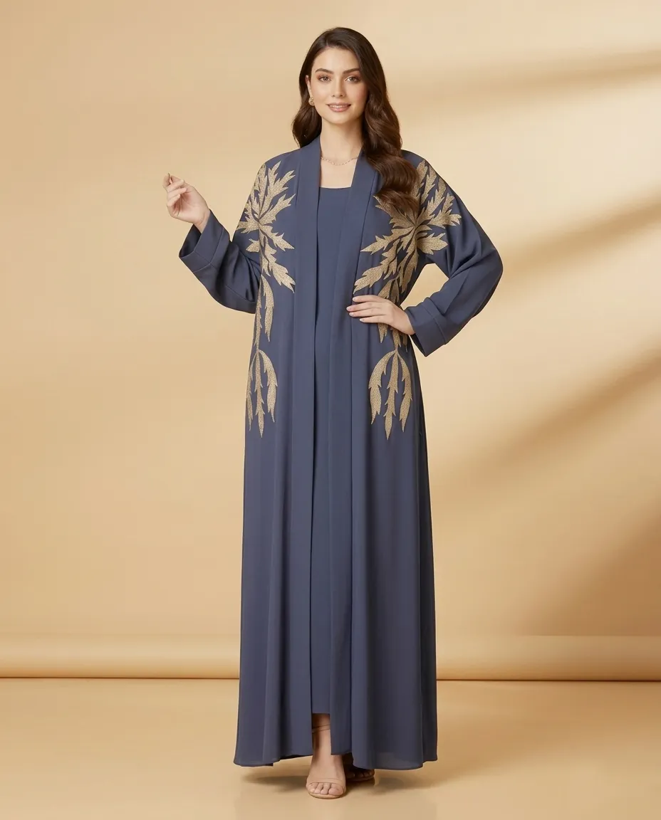 Navy Blue 3 Pieces Open Abaya with Inner & Sheila Gold Leaf Embroidery