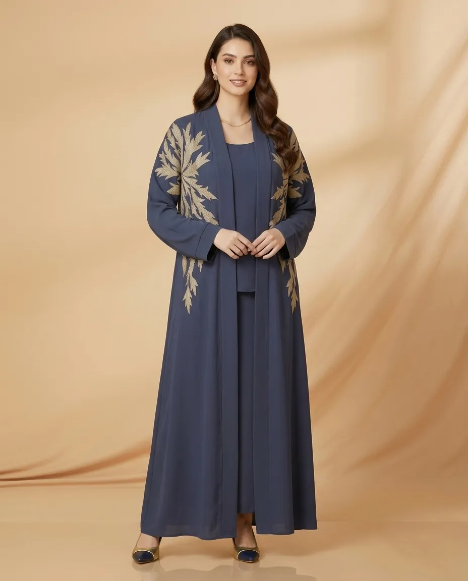 Navy Blue 3 Pieces Open Abaya with Inner & Sheila Gold Leaf Embroidery