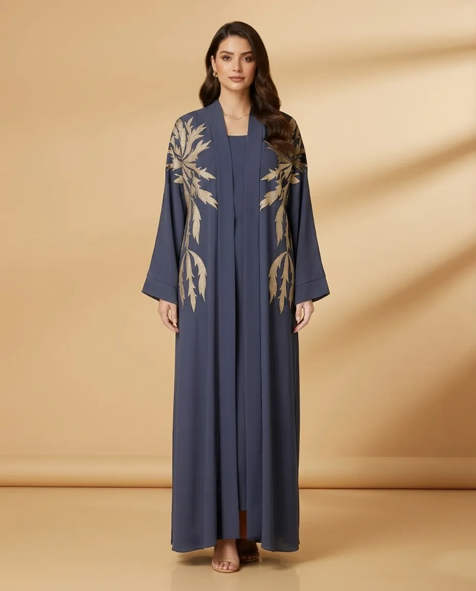 Navy Blue 3 Pieces Open Abaya with Inner & Sheila Gold Leaf Embroidery