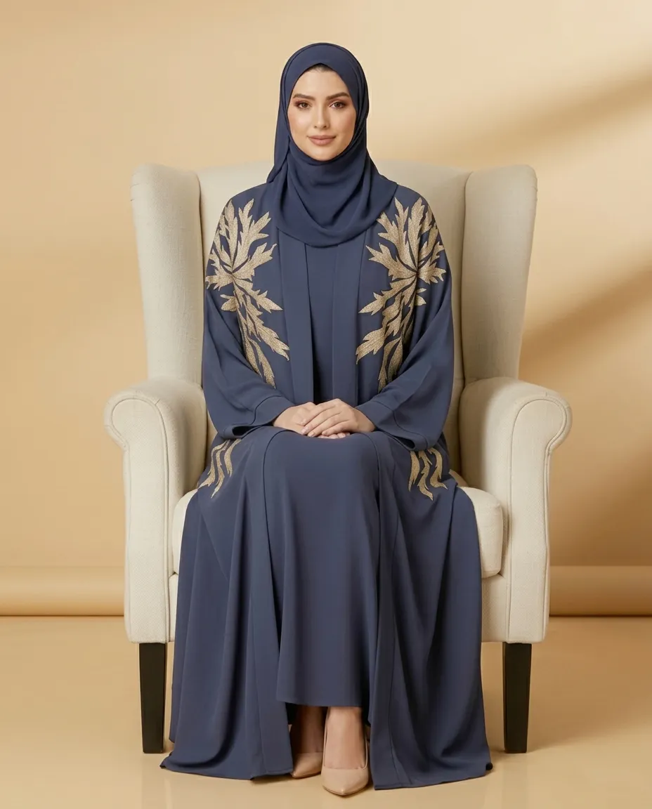 Navy Blue 3 Pieces Open Abaya with Inner & Sheila Gold Leaf Embroidery
