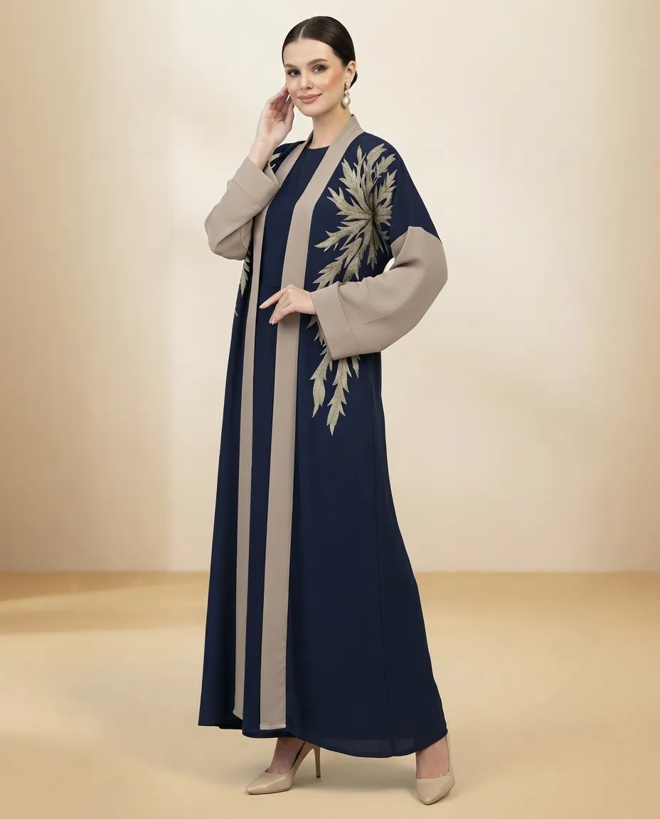 Premium Blue & Brown 3-Piece Abaya Set with Leaf Embroidery & Inner Dress