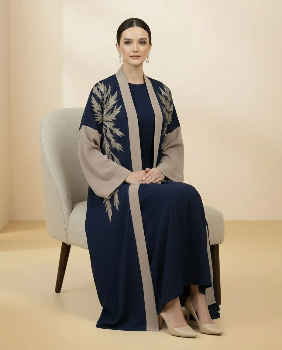 Premium Blue & Brown 3-Piece Abaya Set with Leaf Embroidery & Inner Dress