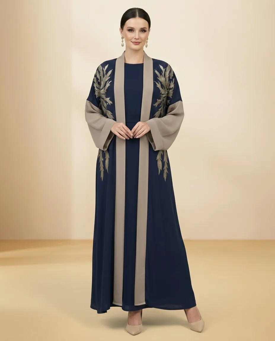 Premium Blue & Brown 3-Piece Abaya Set with Leaf Embroidery & Inner Dress