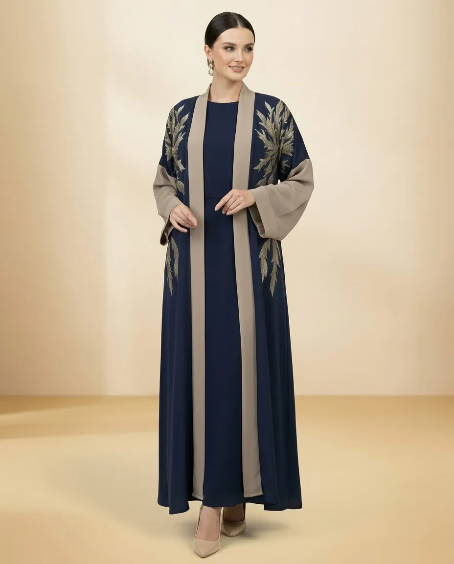 Premium Blue & Brown 3-Piece Abaya Set with Leaf Embroidery & Inner Dress