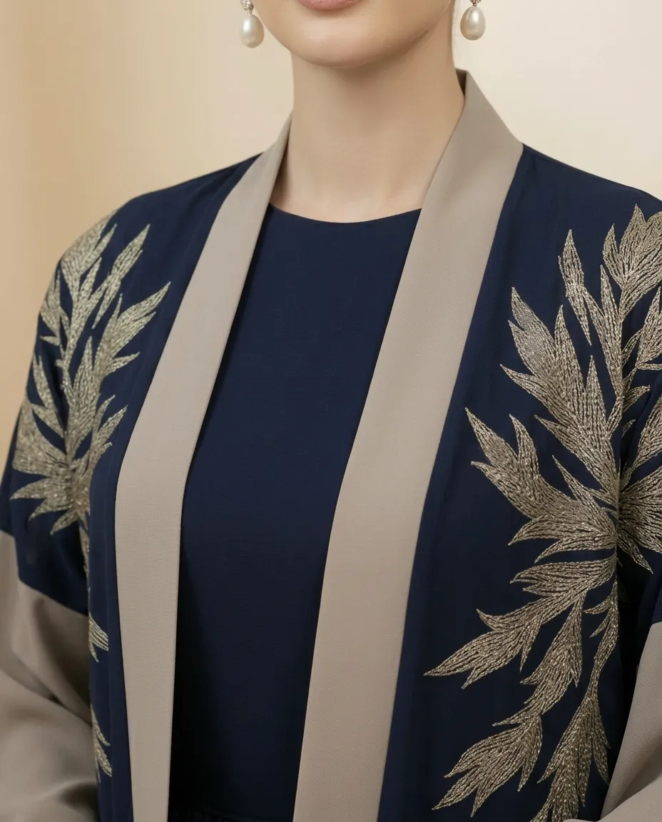 Premium Blue & Brown 3-Piece Abaya Set with Leaf Embroidery & Inner Dress