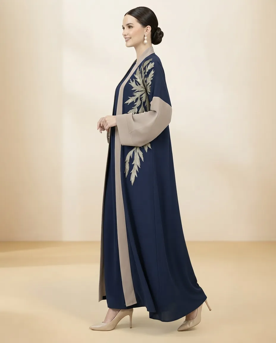 Premium Blue & Brown 3-Piece Abaya Set with Leaf Embroidery & Inner Dress