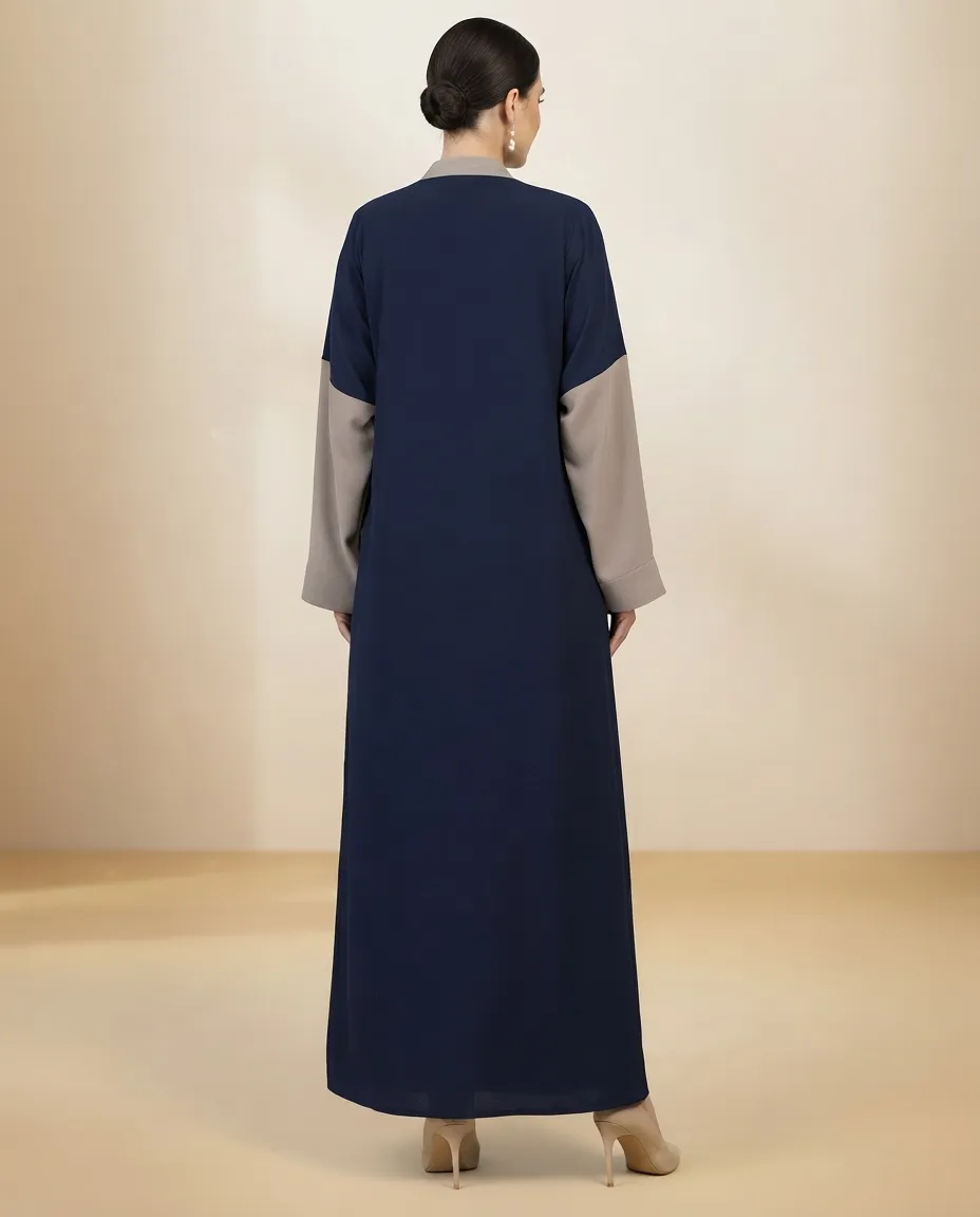 Premium Blue & Brown 3-Piece Abaya Set with Leaf Embroidery & Inner Dress
