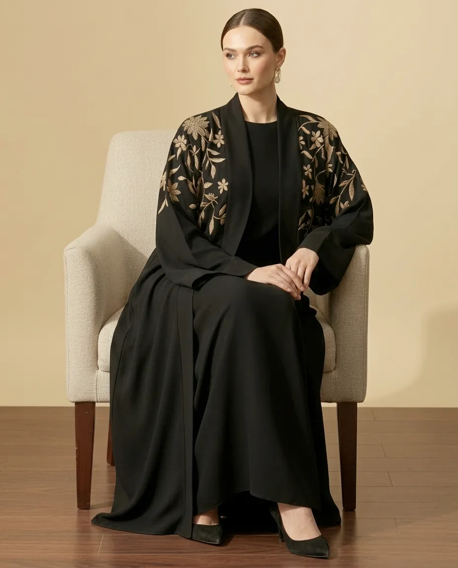 Black 3 Pieces Open Abaya with Inner & Sheila Gold Leaf Embroidery