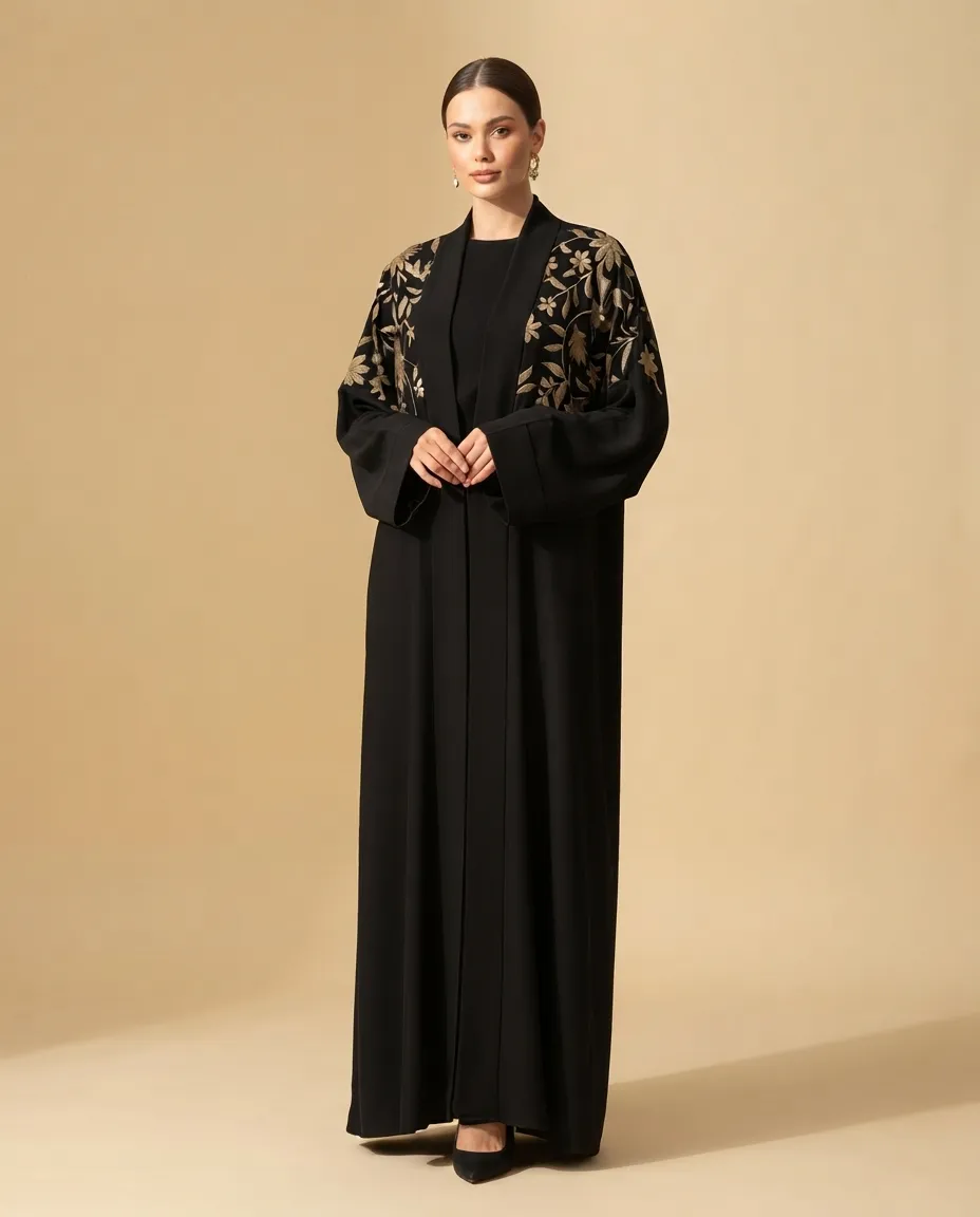 Black 3 Pieces Open Abaya with Inner & Sheila Gold Leaf Embroidery