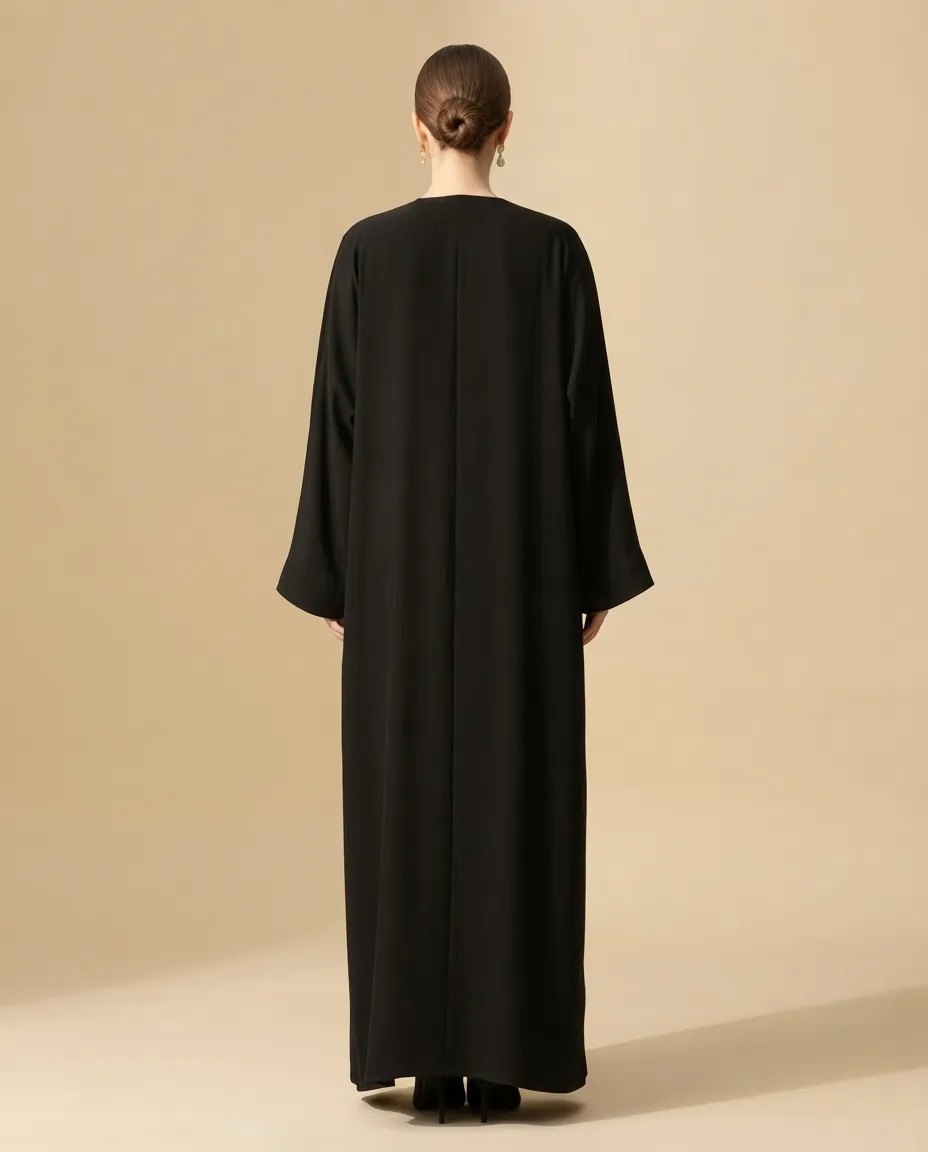 Black 3 Pieces Open Abaya with Inner & Sheila Gold Leaf Embroidery