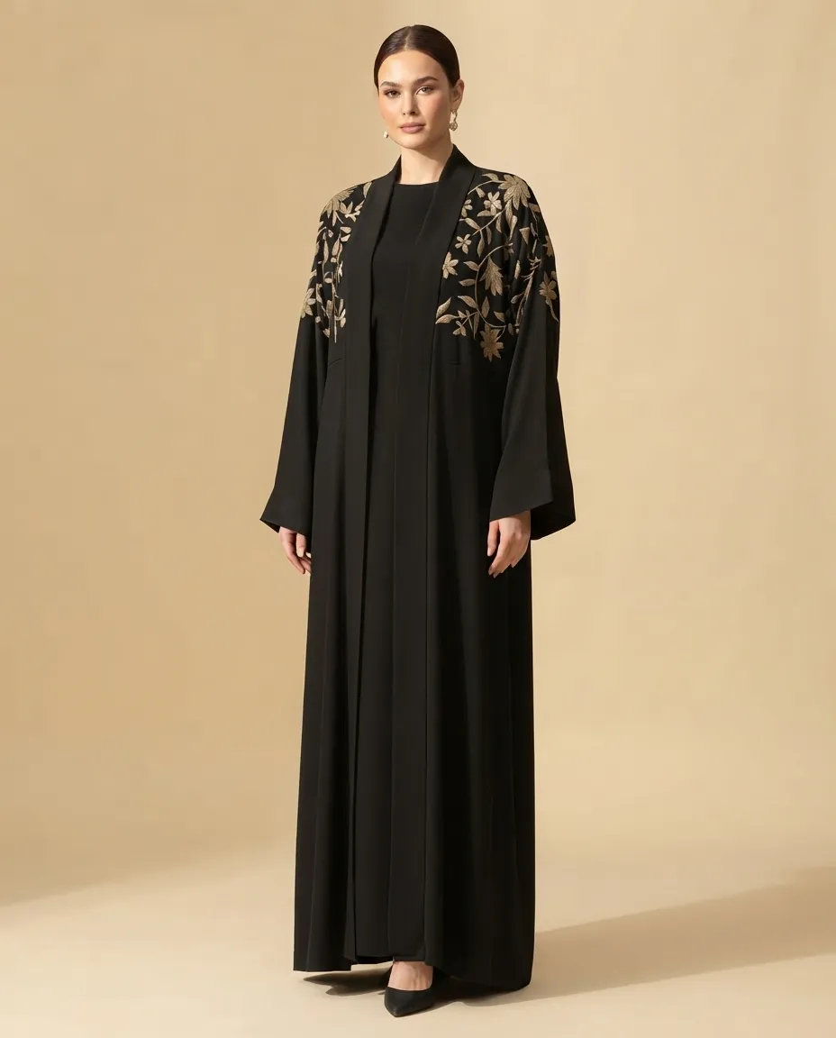 Black 3 Pieces Open Abaya with Inner & Sheila Gold Leaf Embroidery