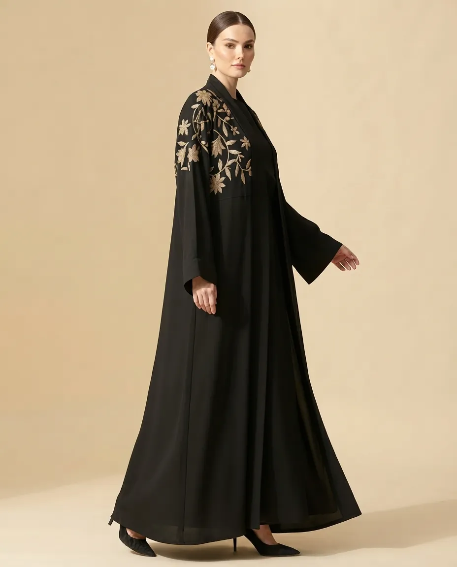 Black 3 Pieces Open Abaya with Inner & Sheila Gold Leaf Embroidery