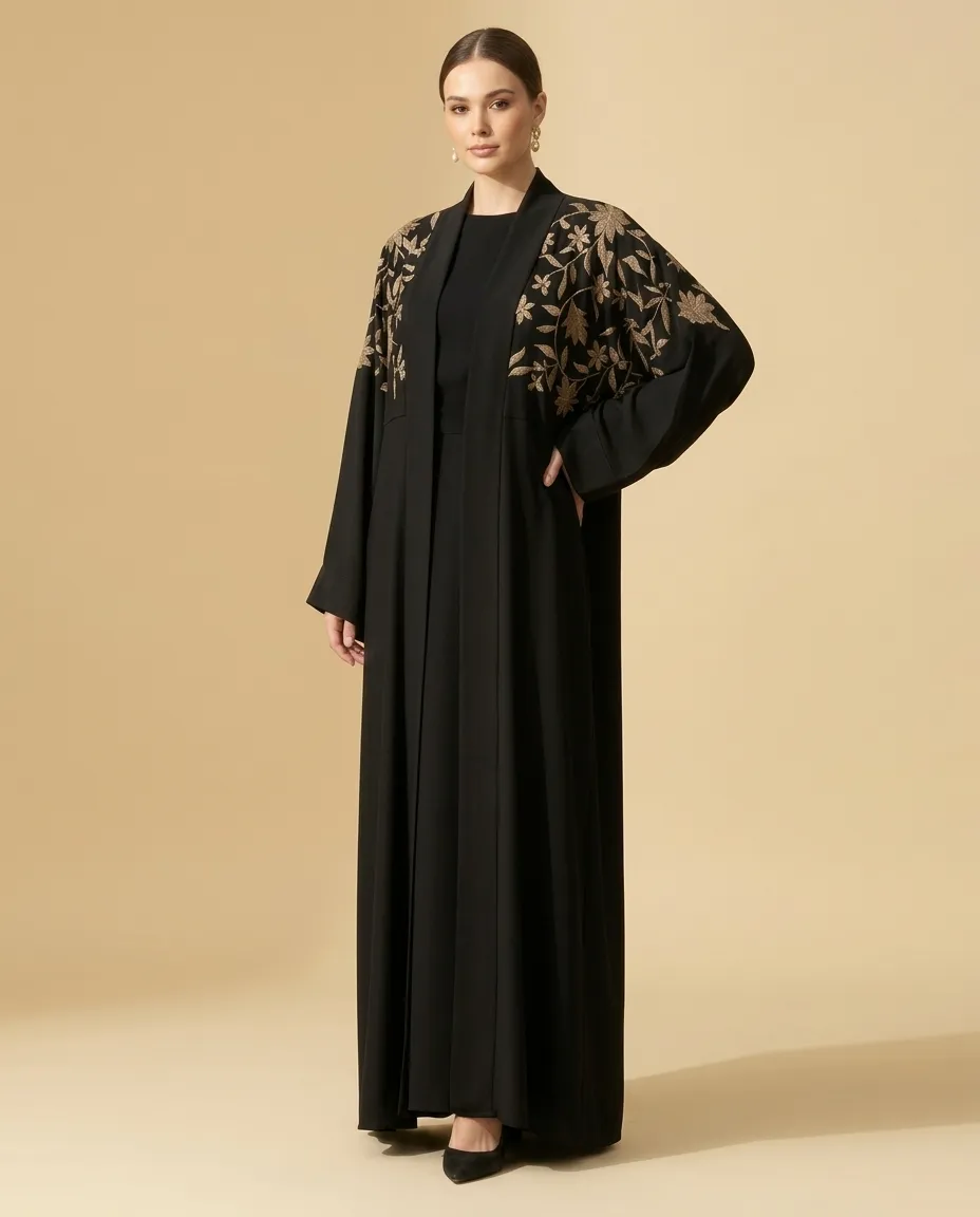 Black 3 Pieces Open Abaya with Inner & Sheila Gold Leaf Embroidery