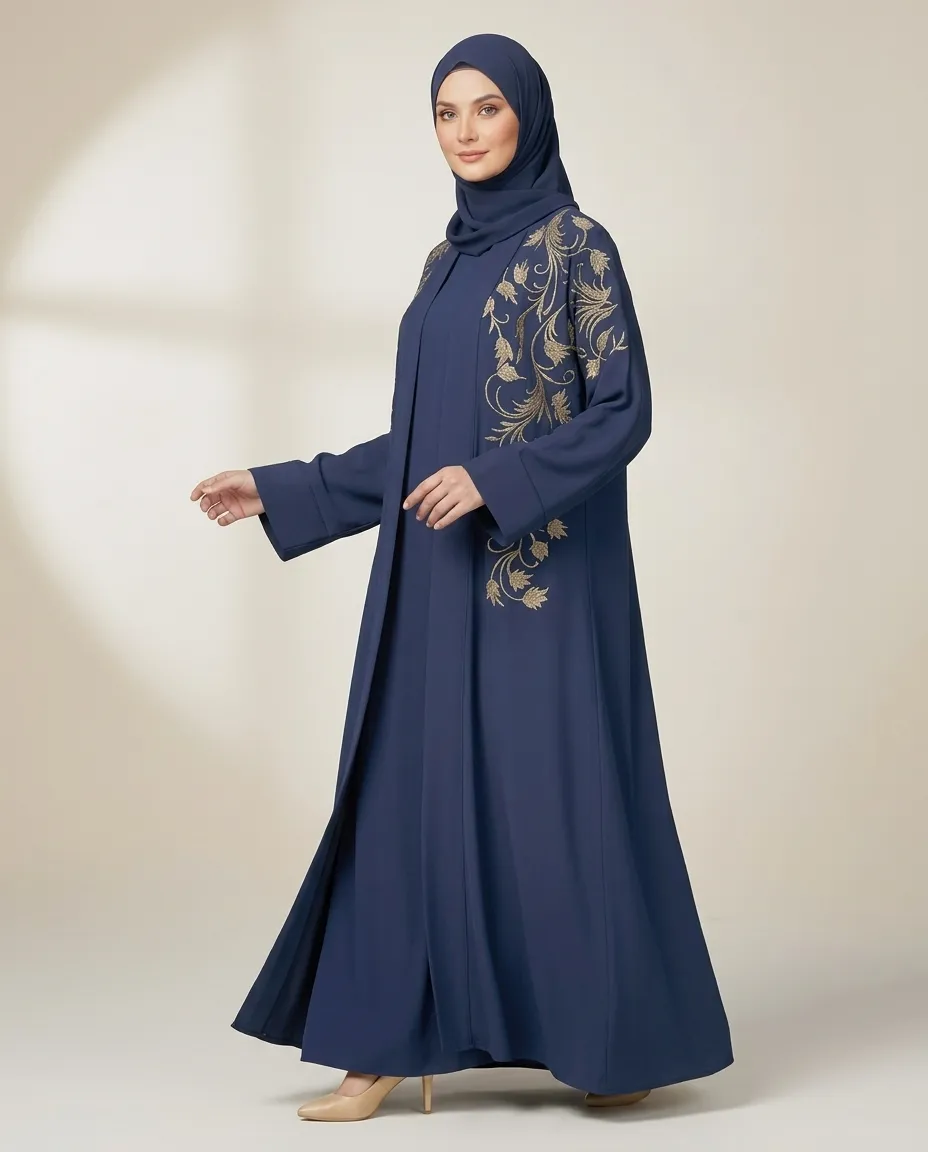3-Piece Dark Blue Embroidered Abaya Set With Inner Dress And Matching Sheila