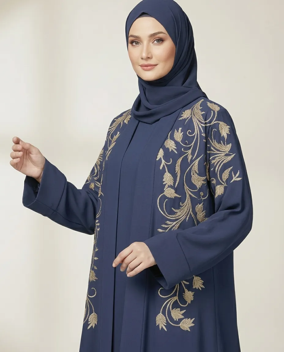 3-Piece Dark Blue Embroidered Abaya Set With Inner Dress And Matching Sheila
