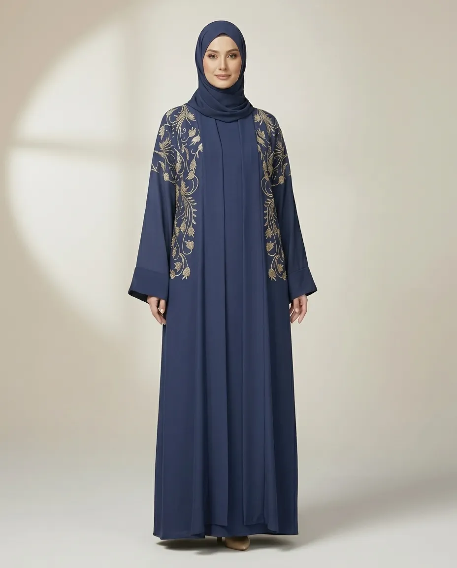3-Piece Dark Blue Embroidered Abaya Set With Inner Dress And Matching Sheila