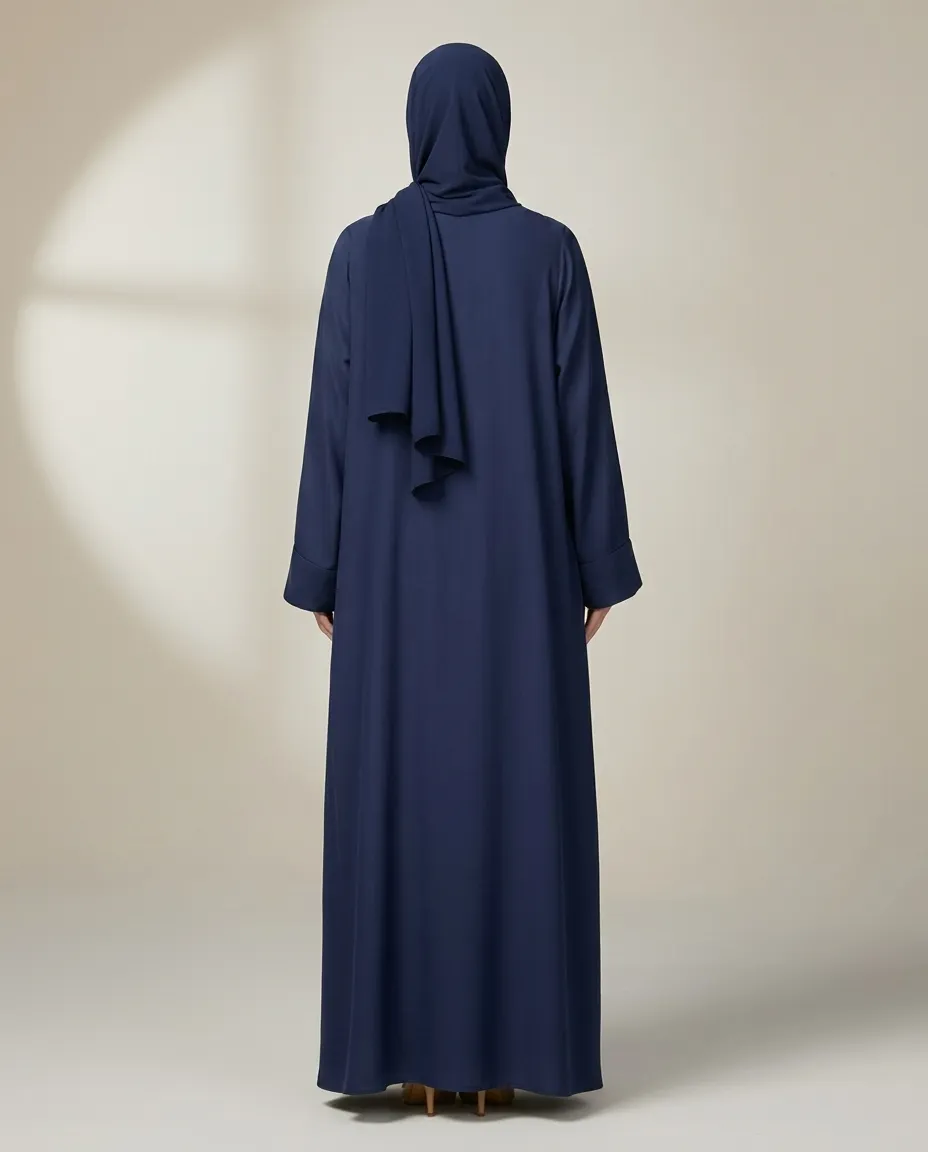 3-Piece Dark Blue Embroidered Abaya Set With Inner Dress And Matching Sheila