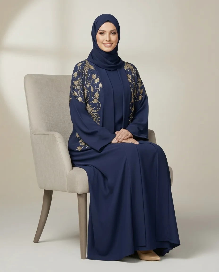 3-Piece Dark Blue Embroidered Abaya Set With Inner Dress And Matching Sheila