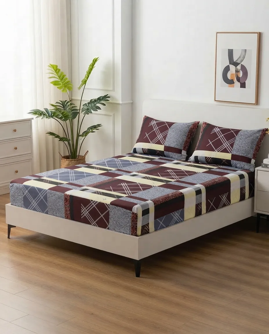 Geometric Plaid Double Bed Fitted Sheet With 2 Pillow Covers – 160x190