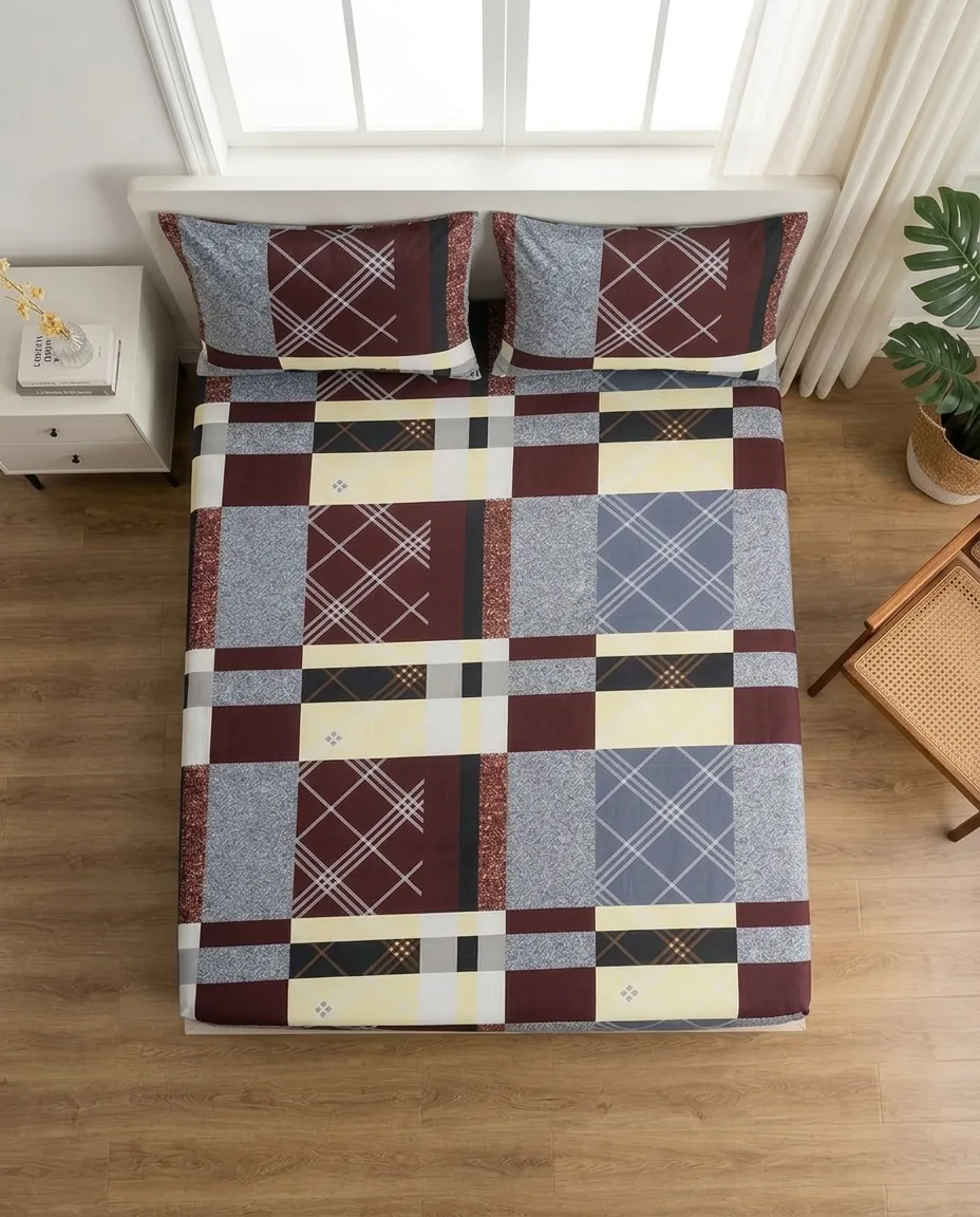 Geometric Plaid Double Bed Fitted Sheet With 2 Pillow Covers – 160x190