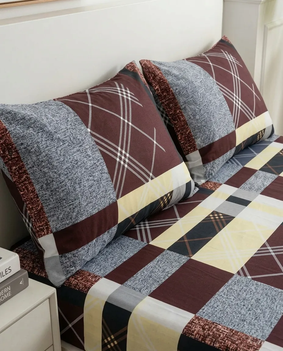 Geometric Plaid Double Bed Fitted Sheet With 2 Pillow Covers – 160x190