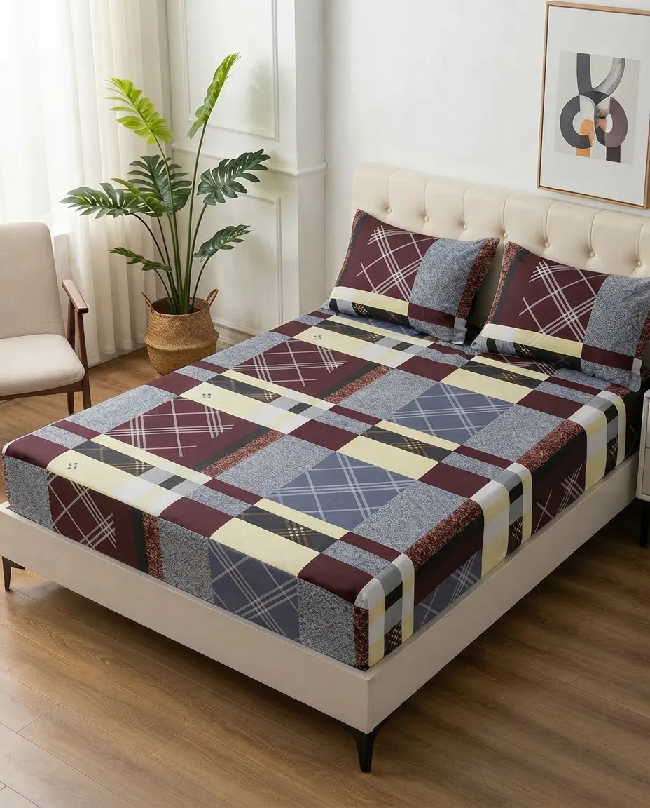 Geometric Plaid Double Bed Fitted Sheet With 2 Pillow Covers – 160x190
