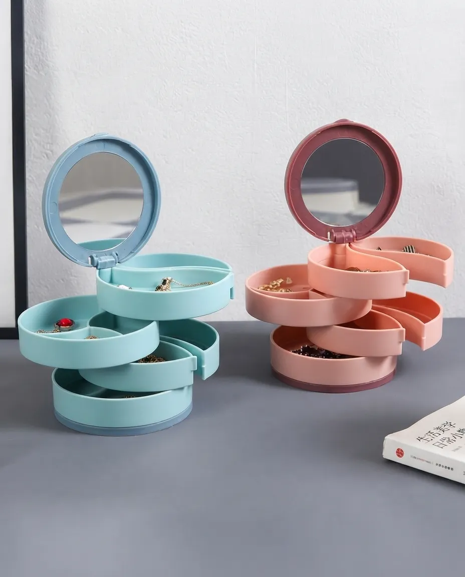 4-Layer Rotating Jewelry Organizer Box with Mirror & Makeup Storage