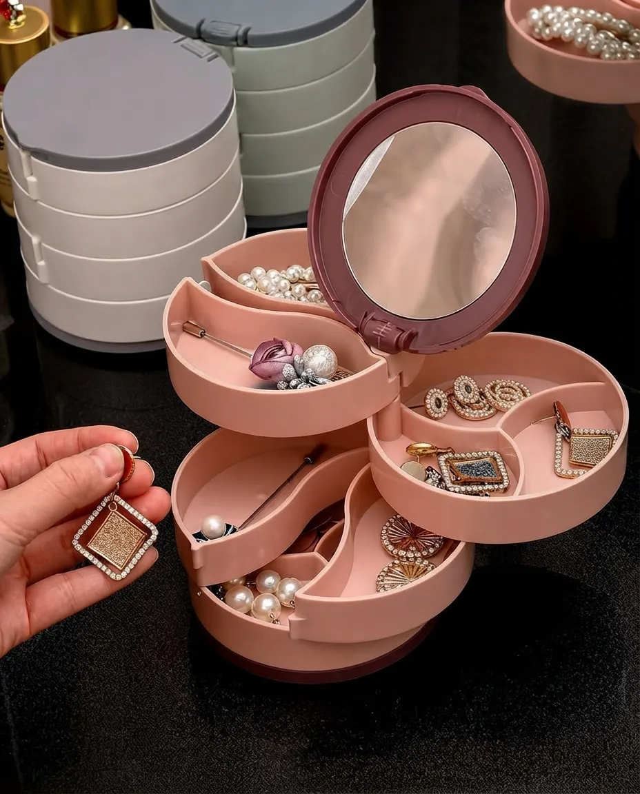 4-Layer Rotating Jewelry Organizer Box with Mirror & Makeup Storage