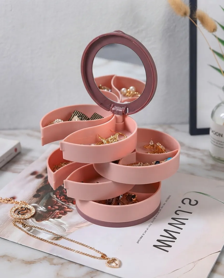 4-Layer Rotating Jewelry Organizer Box with Mirror & Makeup Storage
