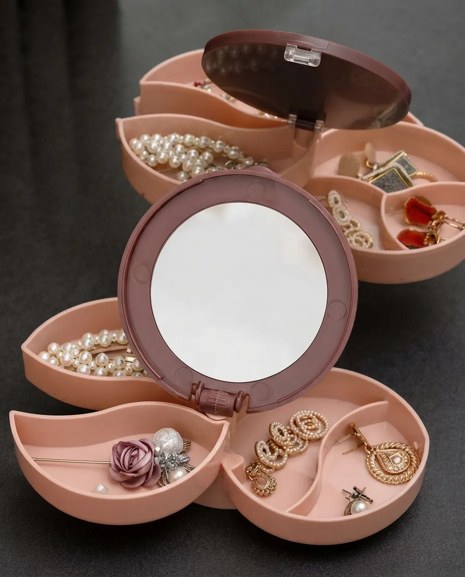 4-Layer Rotating Jewelry Organizer Box with Mirror & Makeup Storage