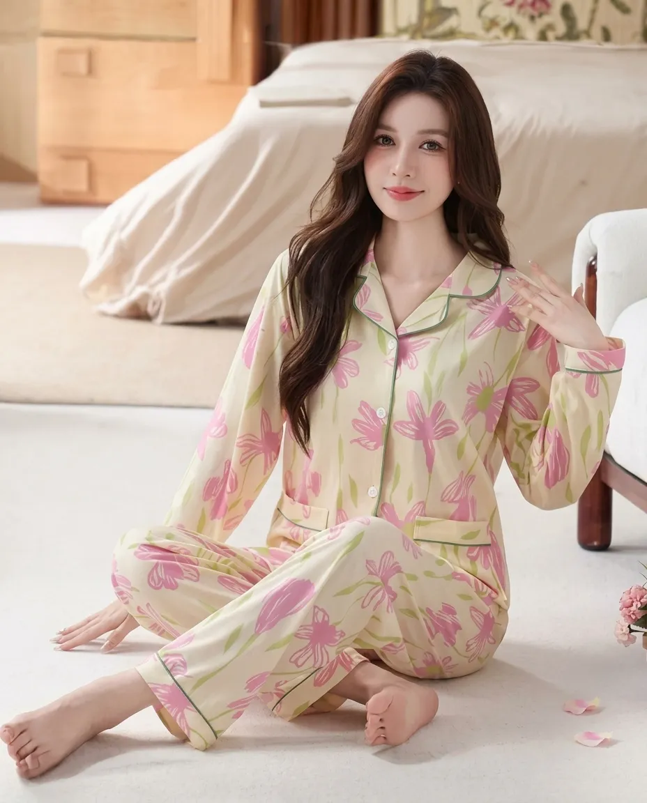 Floral Printed Cozy Womens Pajama Set Lounge Two Pieces Casual Pajama Set
