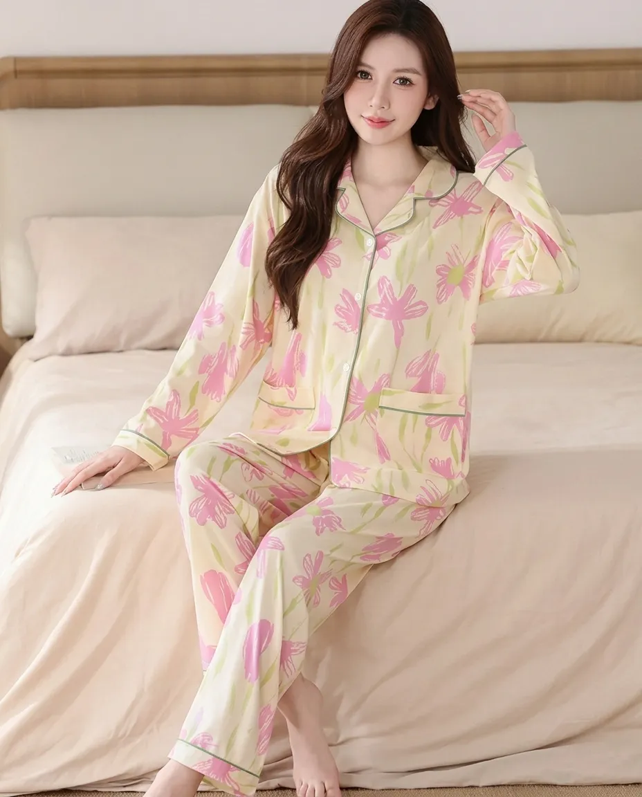 Floral Printed Cozy Womens Pajama Set Lounge Two Pieces Casual Pajama Set