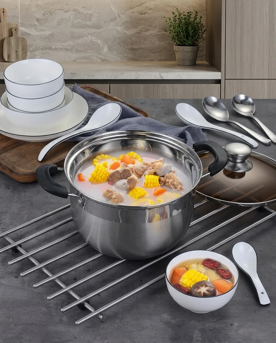 24CM Cookware Set Glass Lid High Quality Multi-purpose Stainless Steel Double Handle Cooking Pot