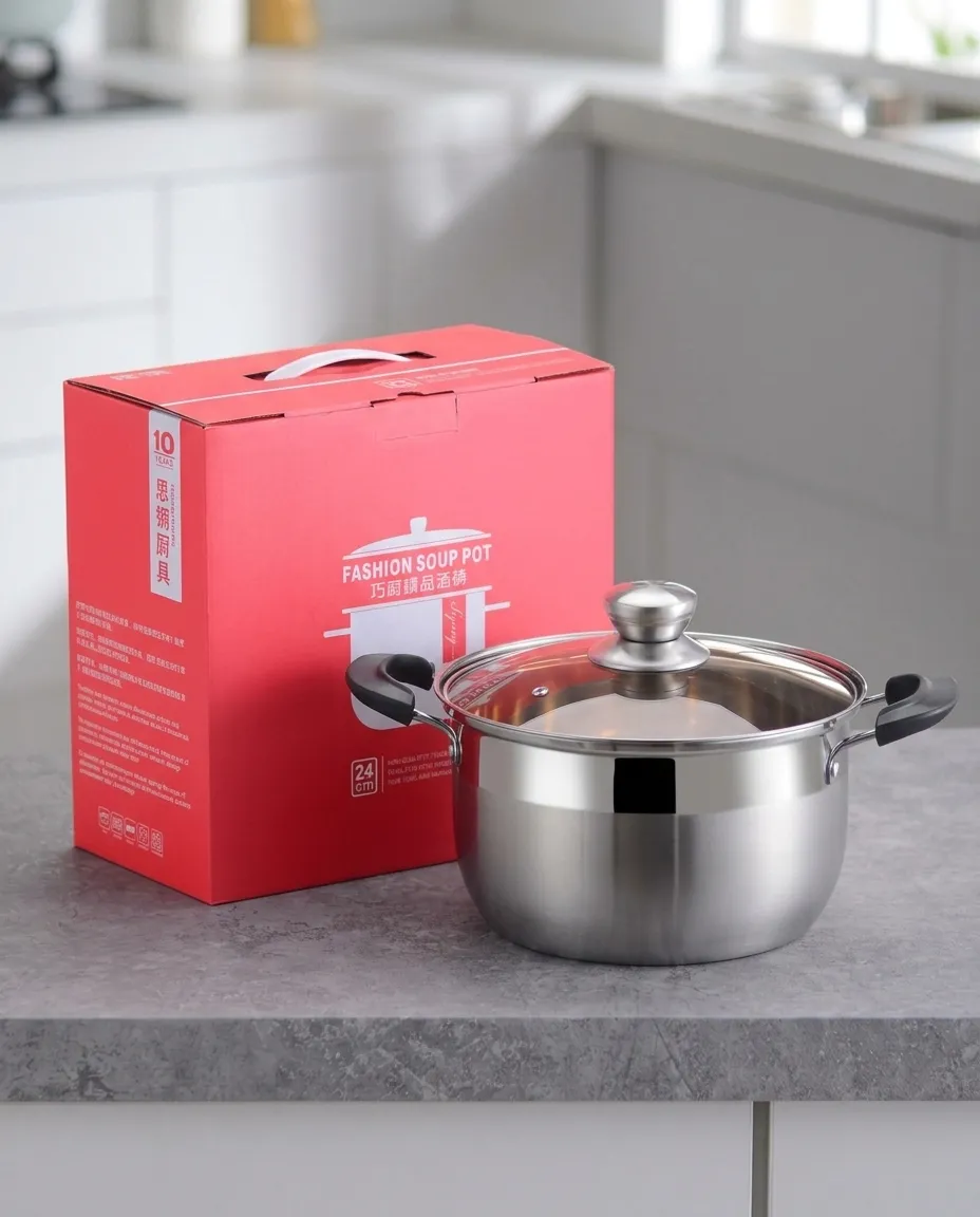 24CM Cookware Set Glass Lid High Quality Multi-purpose Stainless Steel Double Handle Cooking Pot